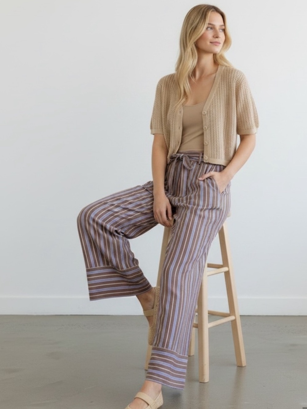 NWT Active USA Brown and Blue wide leg cotton striped pants sz M - Picture 3 of 8